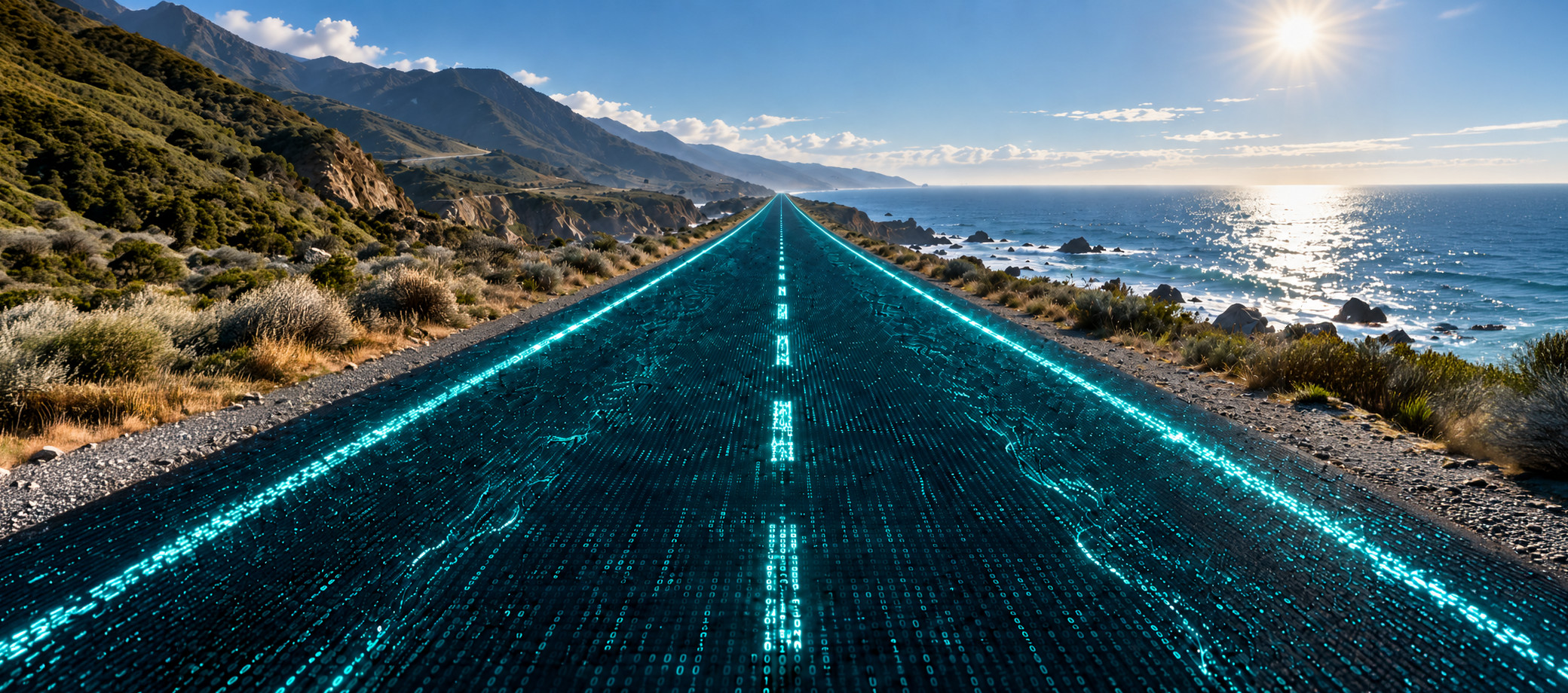 A coastal highway stretching to the horizon, its surface rendered as glowing streams of data — the road as Cara sees it.