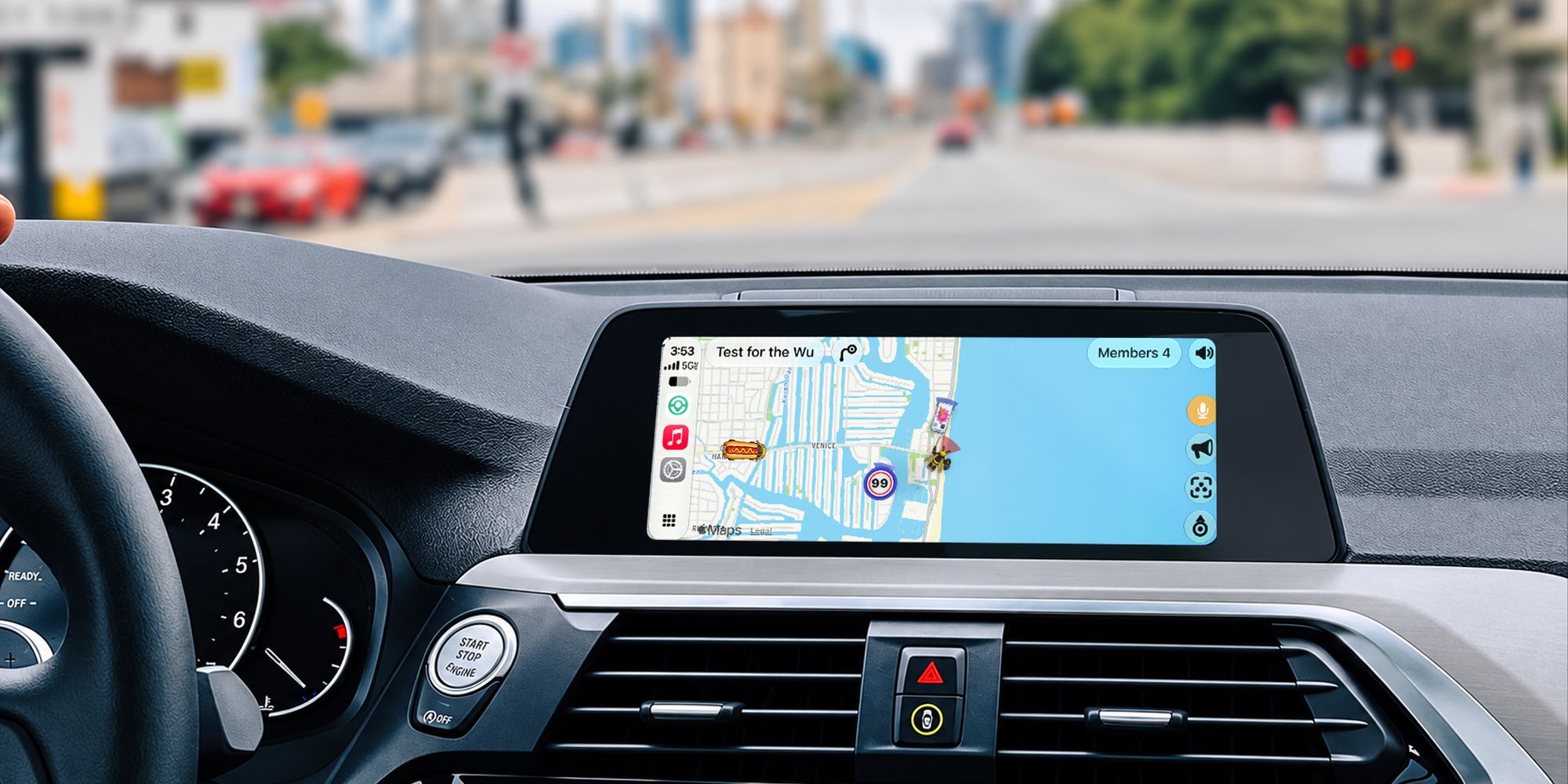 Caravan on CarPlay in a car dashboard: a live map of the Fort Lauderdale coast with the crew’s custom car pucks, a Members button and push-to-talk controls, city street ahead through the windshield.