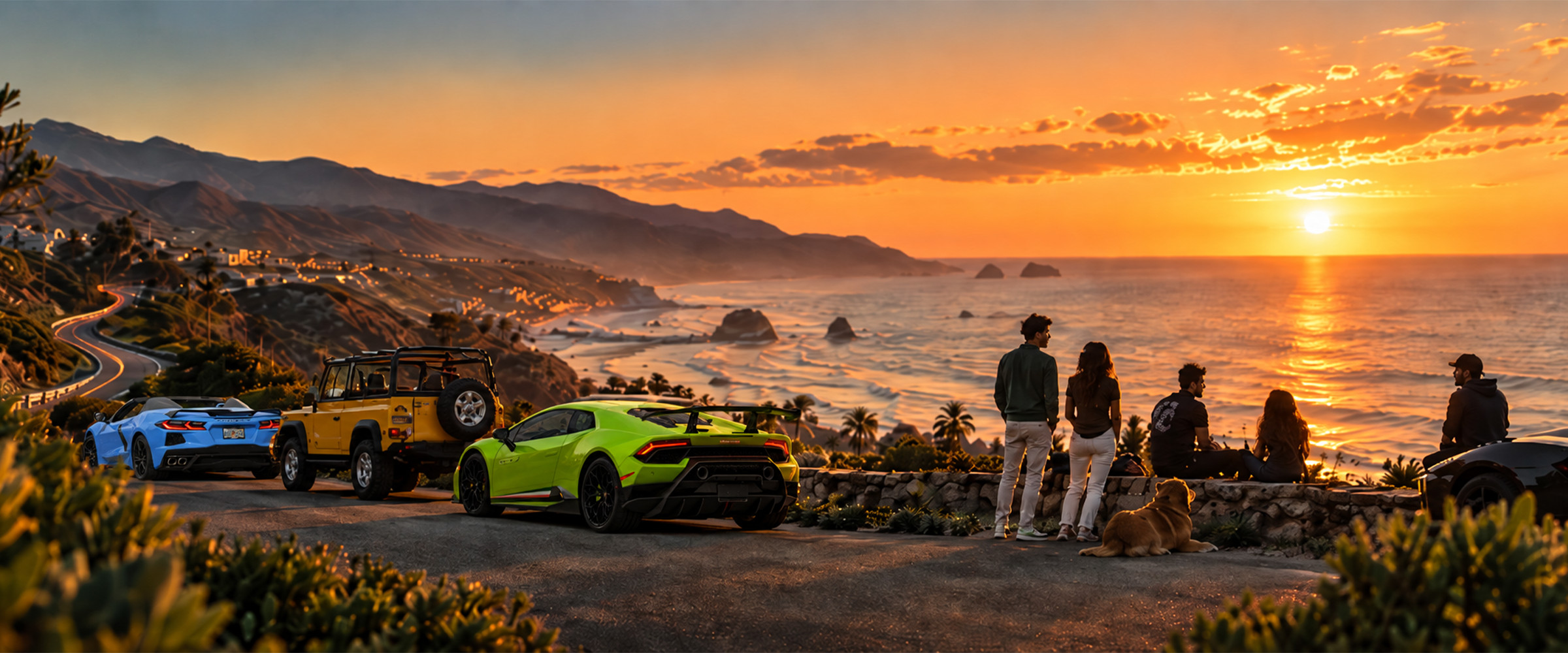 A crew’s cars — a blue sports car, a yellow 4x4 and a green supercar — parked at a coastal overlook at sunset, their drivers and a dog watching the sun go down over the ocean.